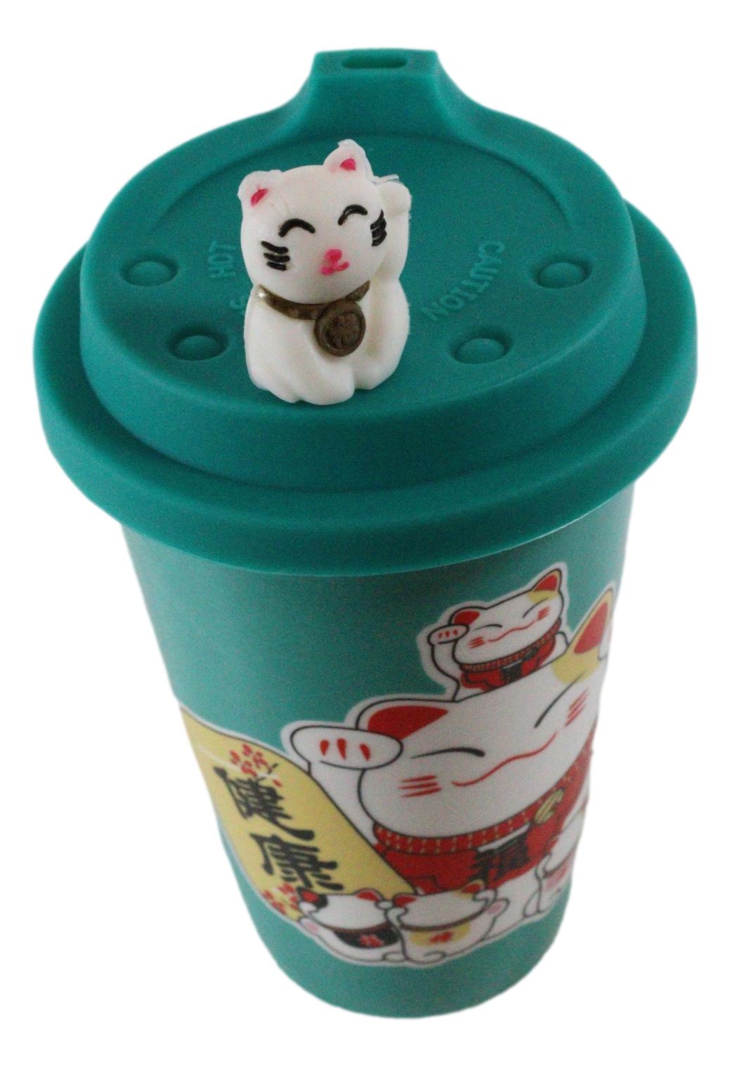 Ebros Gift Lucky Cat Maneki Neko Ceramic Tall Drink Mug Cup With Silicone Lid (Green)