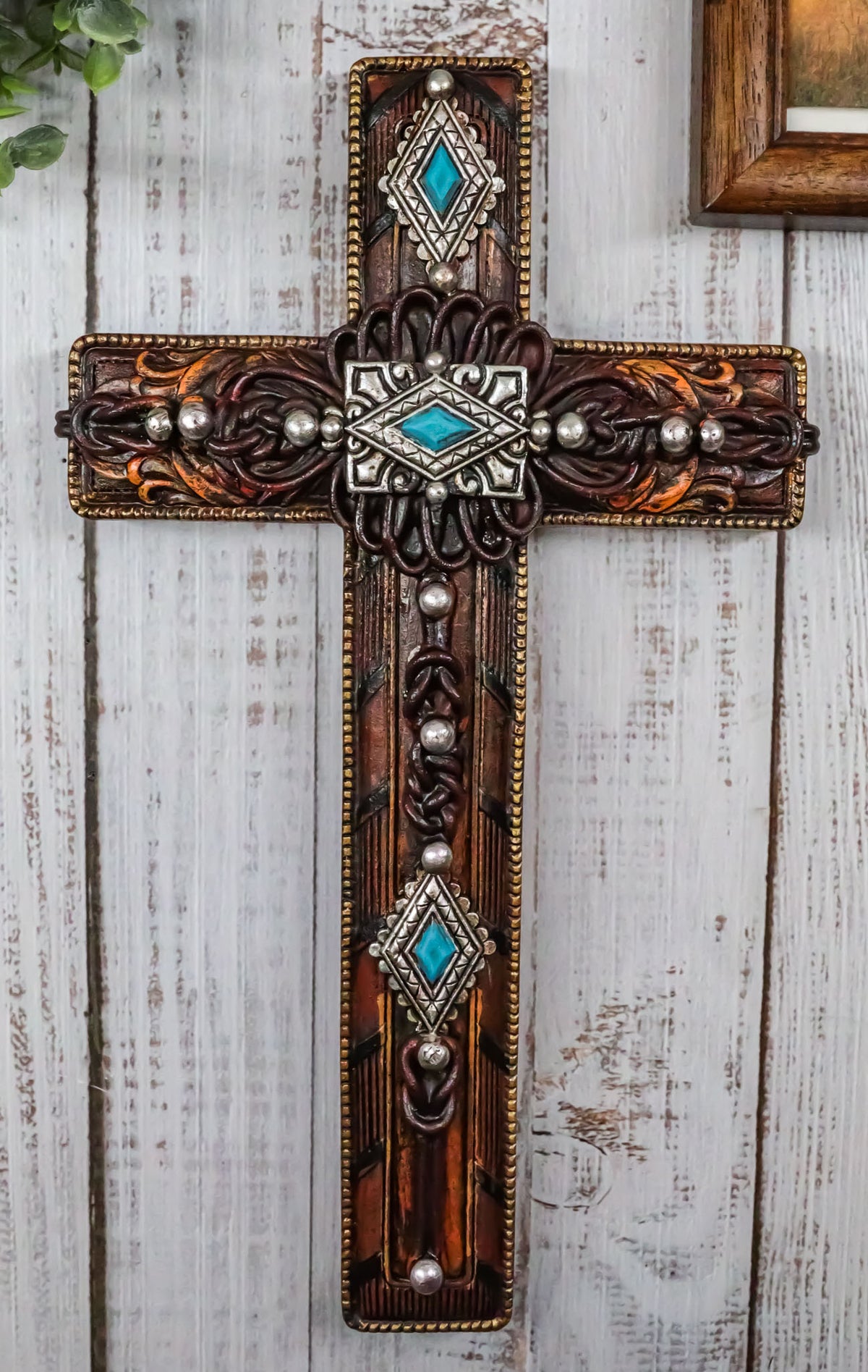 Rustic Western Turquoise Gems Silver Conchos Tooled Leather Wall Cross Decor - Ebros Gift