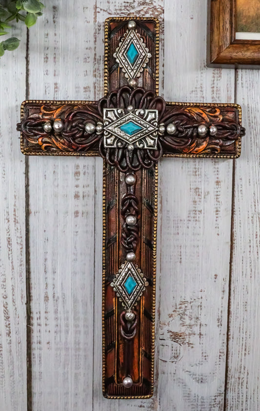 Rustic Western Turquoise Gems Silver Conchos Tooled Leather Wall Cross Decor - Ebros Gift