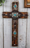 Rustic Western Turquoise Gems Silver Conchos Tooled Leather Wall Cross Decor