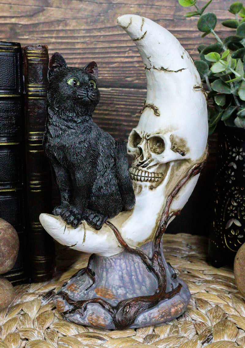 Witching Hour Halloween Black Cat Sitting On Crescent Moon Skull Figurine