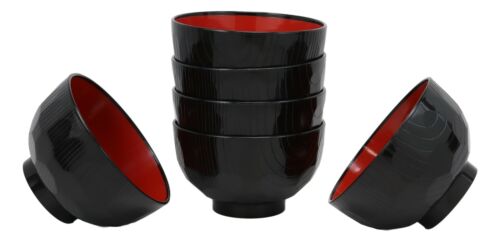 Japanese Black Red Lacquer Copolymer Plastic Rice Bowl Beehive Pattern Set Of 6