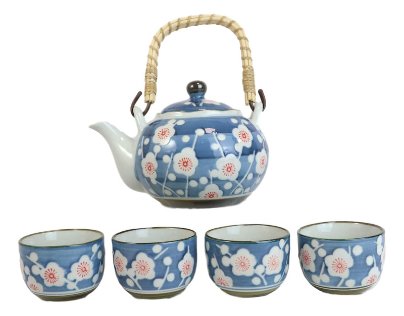Japanese Cherry Blossom Blue Ceramic 24oz Tea Pot With 4 Cups And Strainer Set