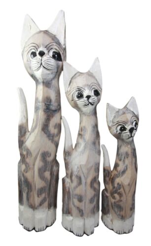 Balinese Wood Handicraft Striped Ears Feline Cat Family Set of 3 Figurines 20"H