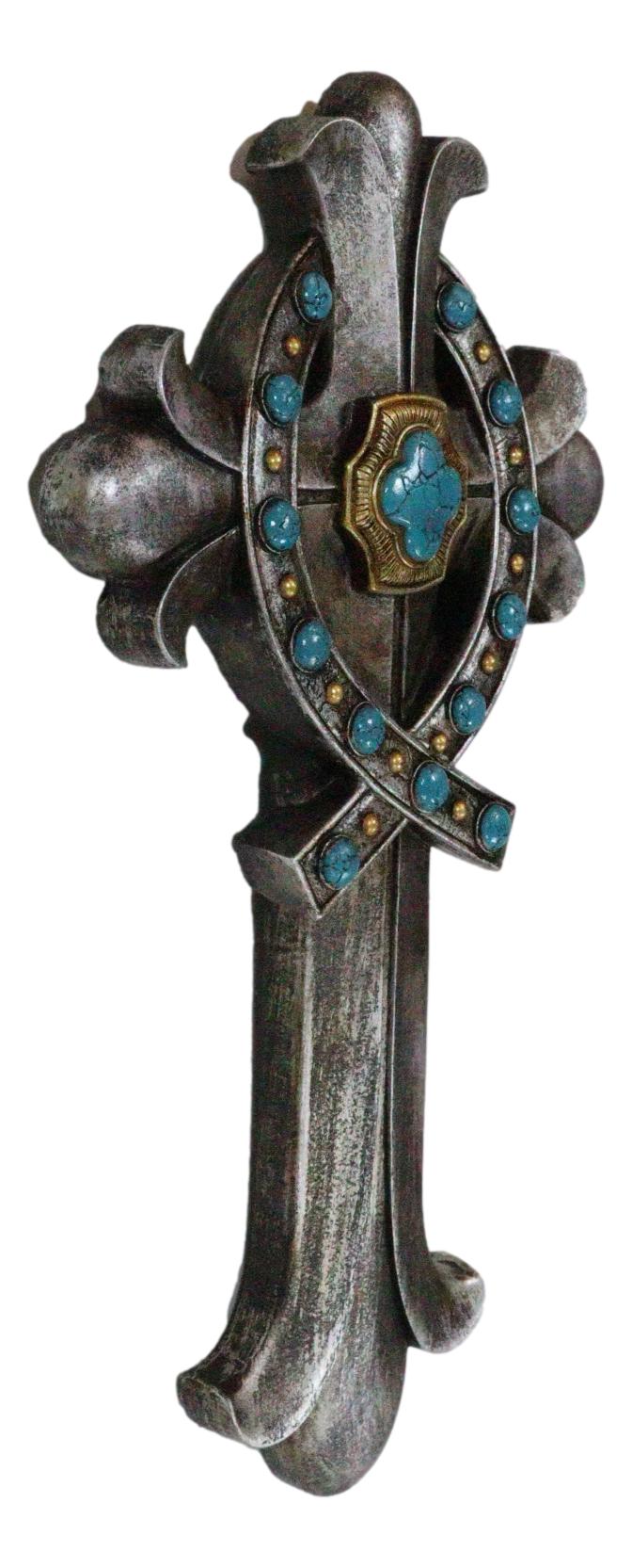 Rustic Silver Finish Fleur De Lis Greek Ichthys Christ Fish Turquoise Wall Cross
