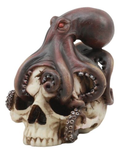 Sea Monster Red Eyed Octopus Wrapping Around Skull Statue 5.25"h Nautical Decor