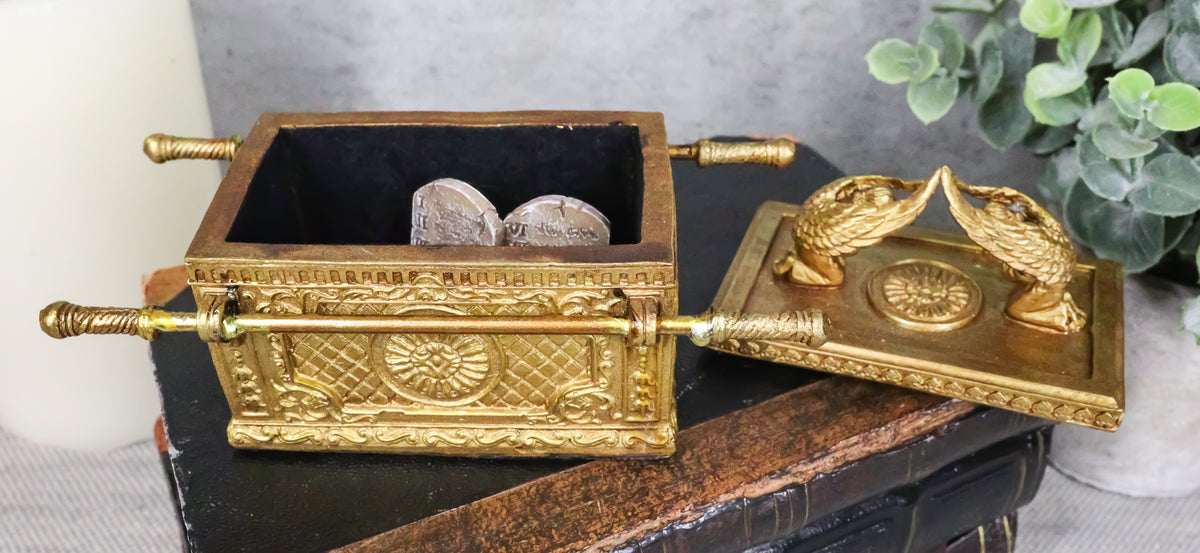 Matte Gold Ark Of The Covenant Model With Contents Figurine Decorative Box 1:10 - Ebros Gift
