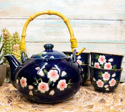Japanese Sakura Cherry Blossom Flowers Navy Blue Ceramic Tea Pot With 4 Cups Set - Ebros Gift