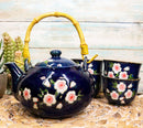 Japanese Sakura Cherry Blossom Flowers Navy Blue Ceramic Tea Pot With 4 Cups Set