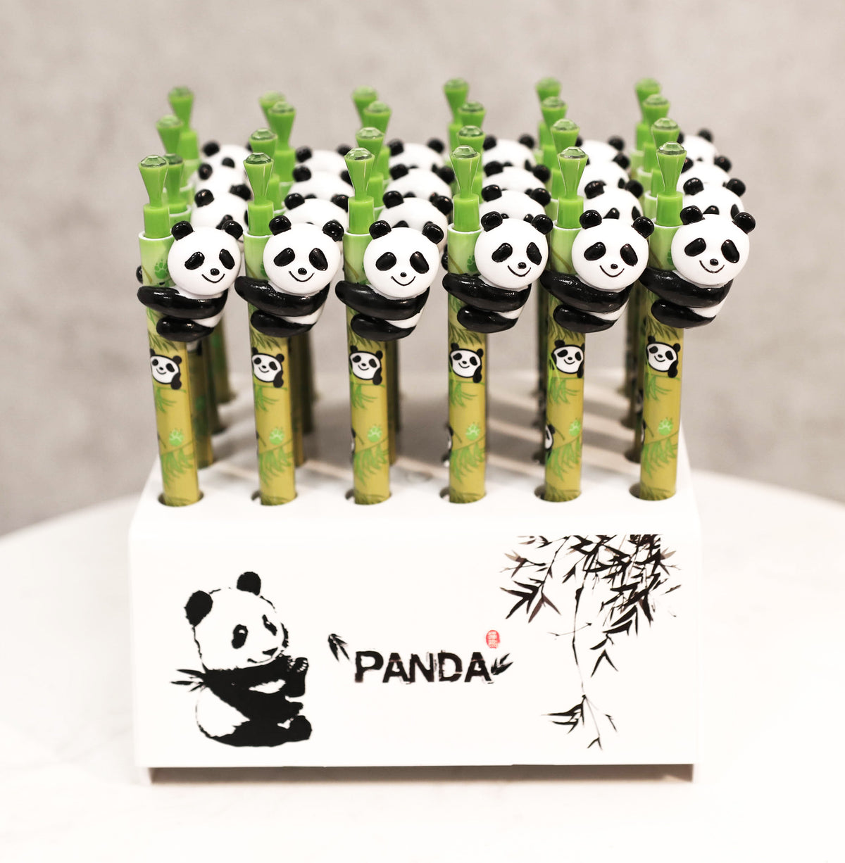 Pack Of 24 Panda Bear Cub On Green Bamboo Ballpoint Ball Black Pens With Stand - Ebros Gift