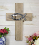 Ebros Rustic Wooden Greek Ichthys Christ Fish Symbol Wall Cross Plaque 14" H