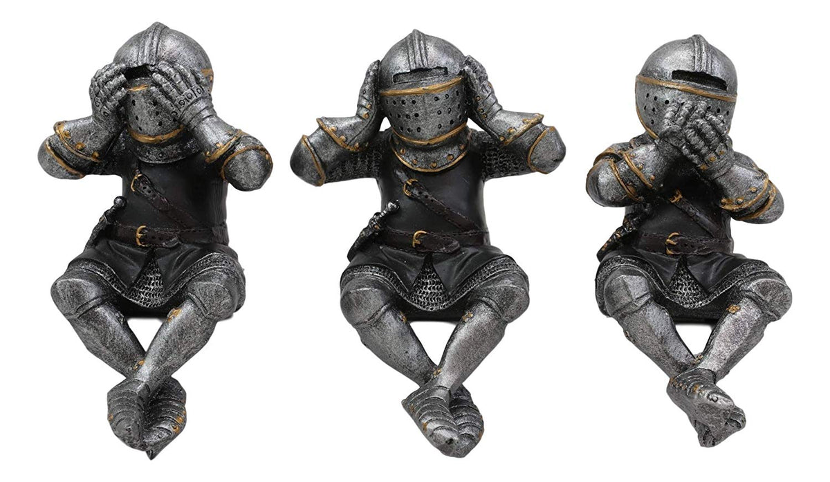Ebros Gift Set of 3 Renaissance Medieval See Hear Speak No Evil Royal Knights with Black Tunic Ledge Or Shelf Sitters Figurine 4" Tall Suit of Armor Miniature Knights Decor - Ebros Gift