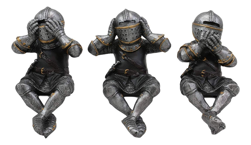 Ebros Gift Set of 3 Renaissance Medieval See Hear Speak No Evil Royal Knights with Black Tunic Ledge Or Shelf Sitters Figurine 4" Tall Suit of Armor Miniature Knights Decor