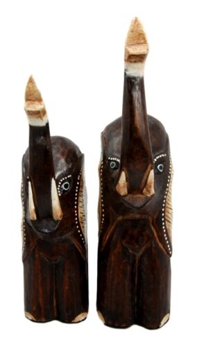 Balinese Wood Handicrafts Abstract Jungle Elephant And Calf Figurine Set 10"H