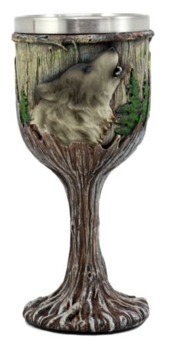 Mystical Howling Gray Wolf Wine Goblet Chalice Cup In Tree Bark & Roots Design