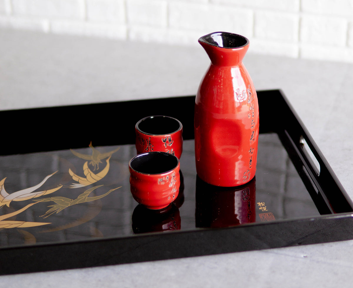 Japanese Flying Cranes 19" by 12" Large Black Lacquer Serving Tray With Handles - Ebros Gift