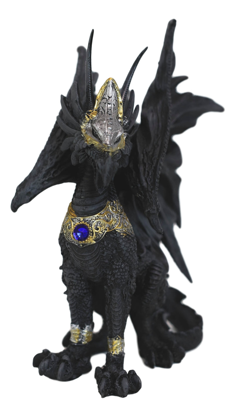 Blue Sapphire Golden Armored Combat Dragon Standing Guard In Faux Stone Statue