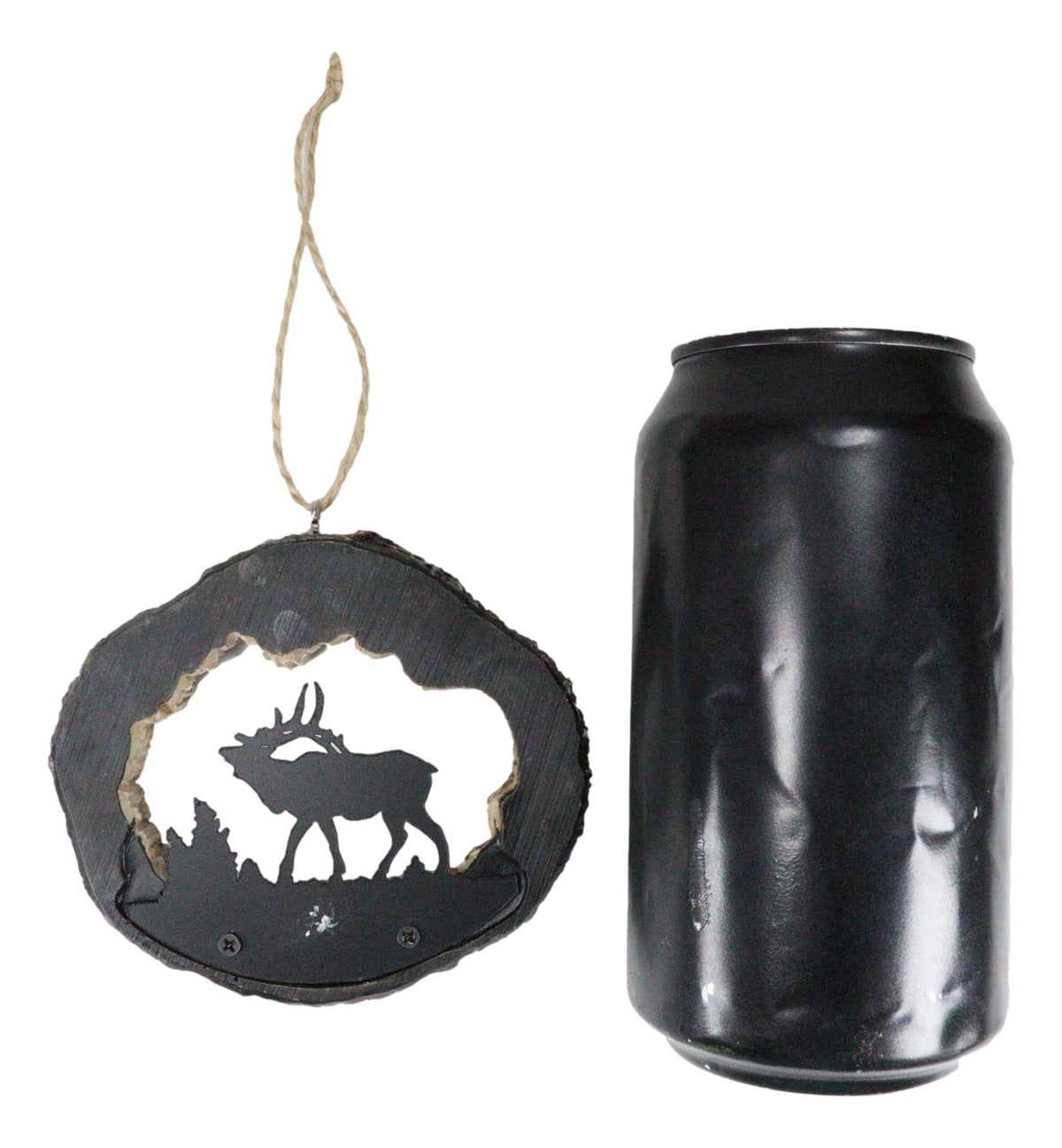 Rustic Western Elk Deer Faux Wood Log Slice Set of 4 Christmas Tree Ornaments
