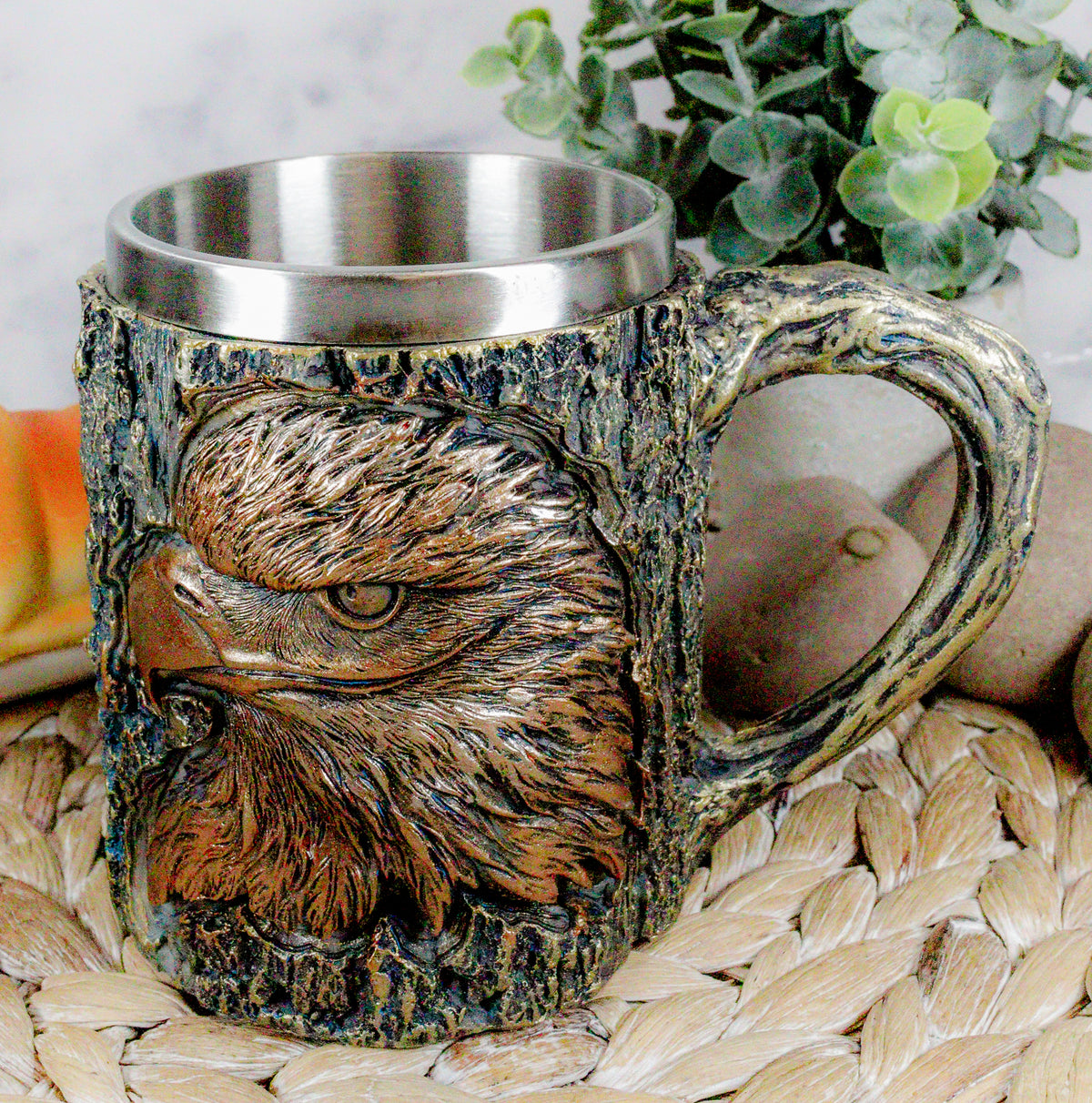 Ebros The Surveyor Wildlife Majestic Bald Eagle Coffee Mug With Rustic Tree Bark Body Design In Painted Bronze Finish 12oz Drink Beer Stein Tankard Cup