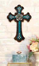 Vintage Rustic Turquoise Tuscan Rose Of Sharon Flower Wall Cross Christian Decor