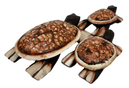 Balinese Wood Handicrafts Sea Turtle Tortoise Family Ashtray Box Figurine Set