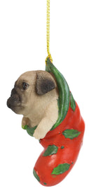 Teacup Pug Puppy Dog In Red Holly Sock Christmas Tree Small Hanging Ornament