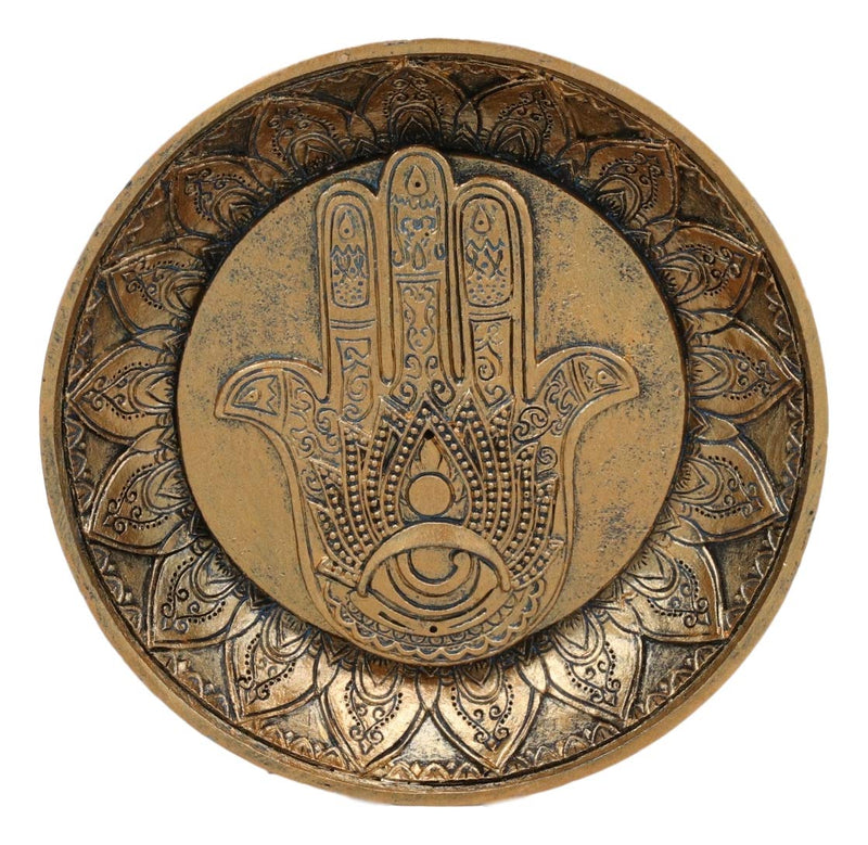 Ebros Gift Sacred Symbol Amulet Hand of God Hamsa Palm Facing Up with Evil Eye Round Incense Stick Holder Burner Figurine 5" D Zen Feng Shui Vastu Home Fragrance Tabletop Altar Decor