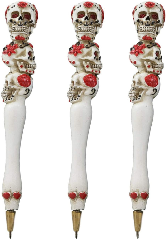 Ebros Day Of The Dead Sugar Skull Pen Set of 3 Writing Pens (Hearts And Roses)