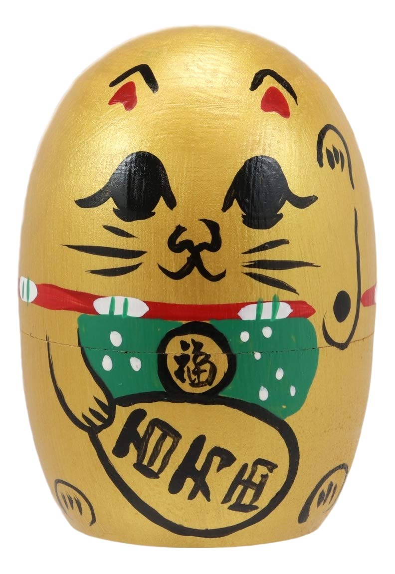 Ebros Golden Maneki Neko Wooden Toy Stacking Nesting Dolls 5 Piece Matryoshka