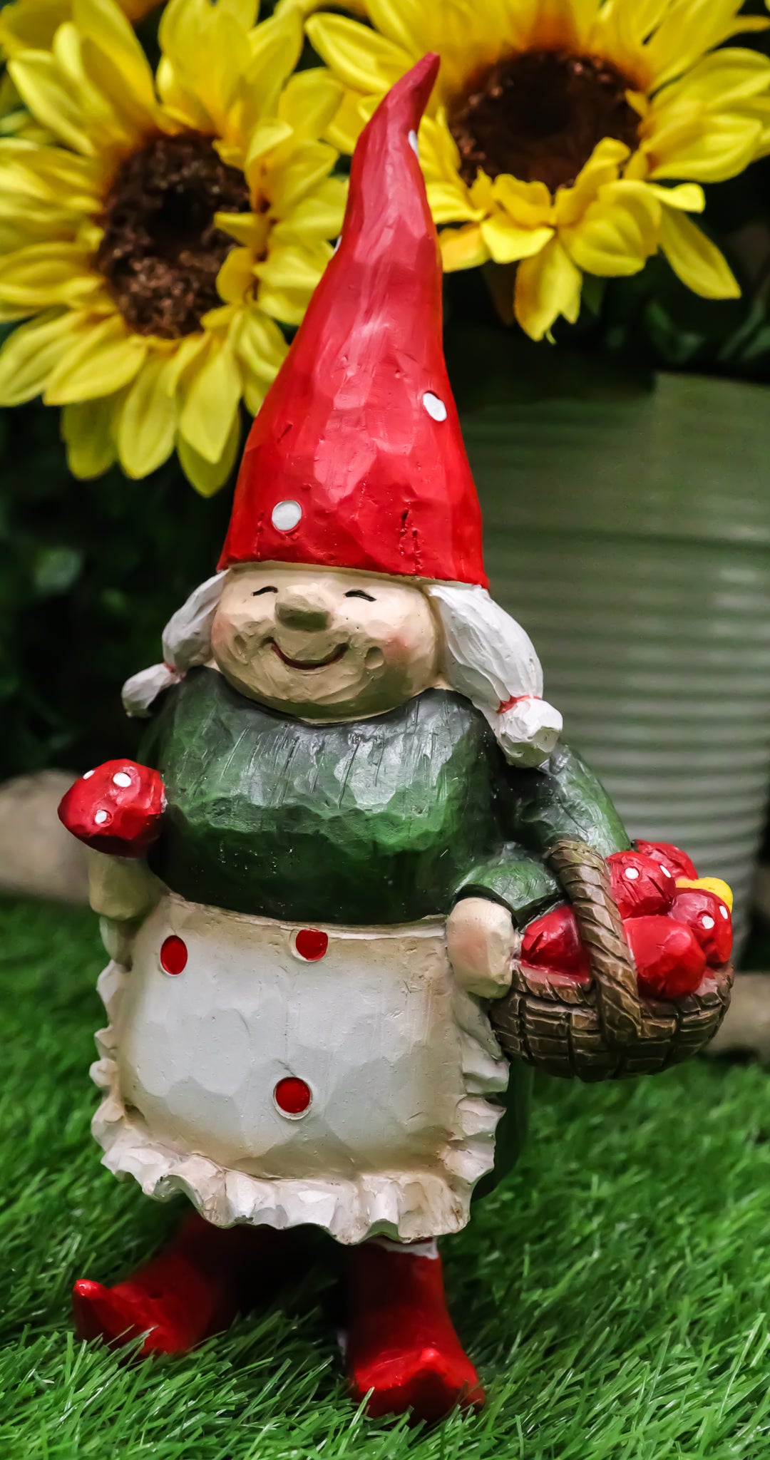 Whimsical Garden Mrs Gnome Grandmother With Toadstool Mushrooms Basket Statue - Ebros Gift