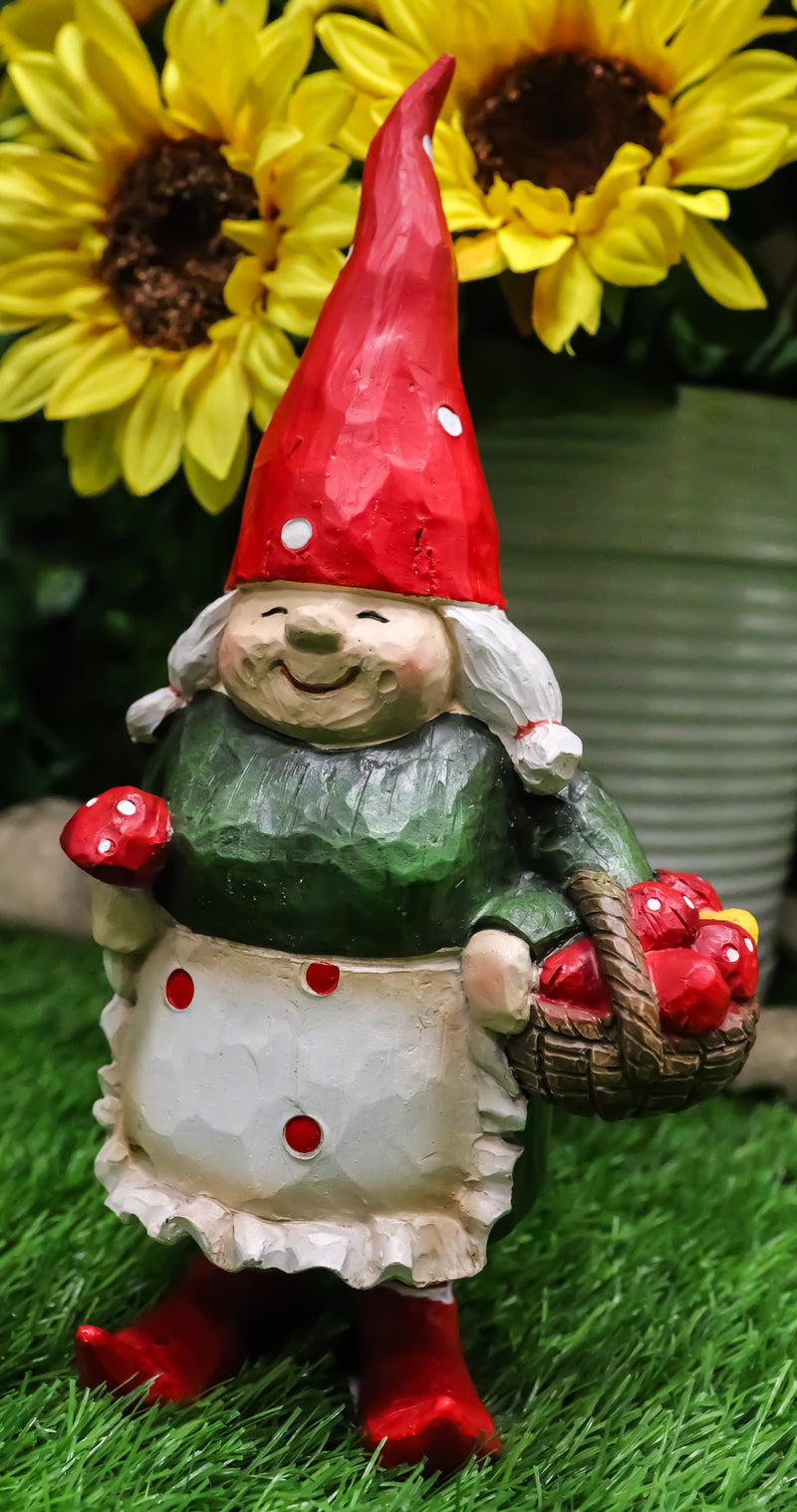 Whimsical Garden Mrs Gnome Grandmother With Toadstool Mushrooms Basket Statue