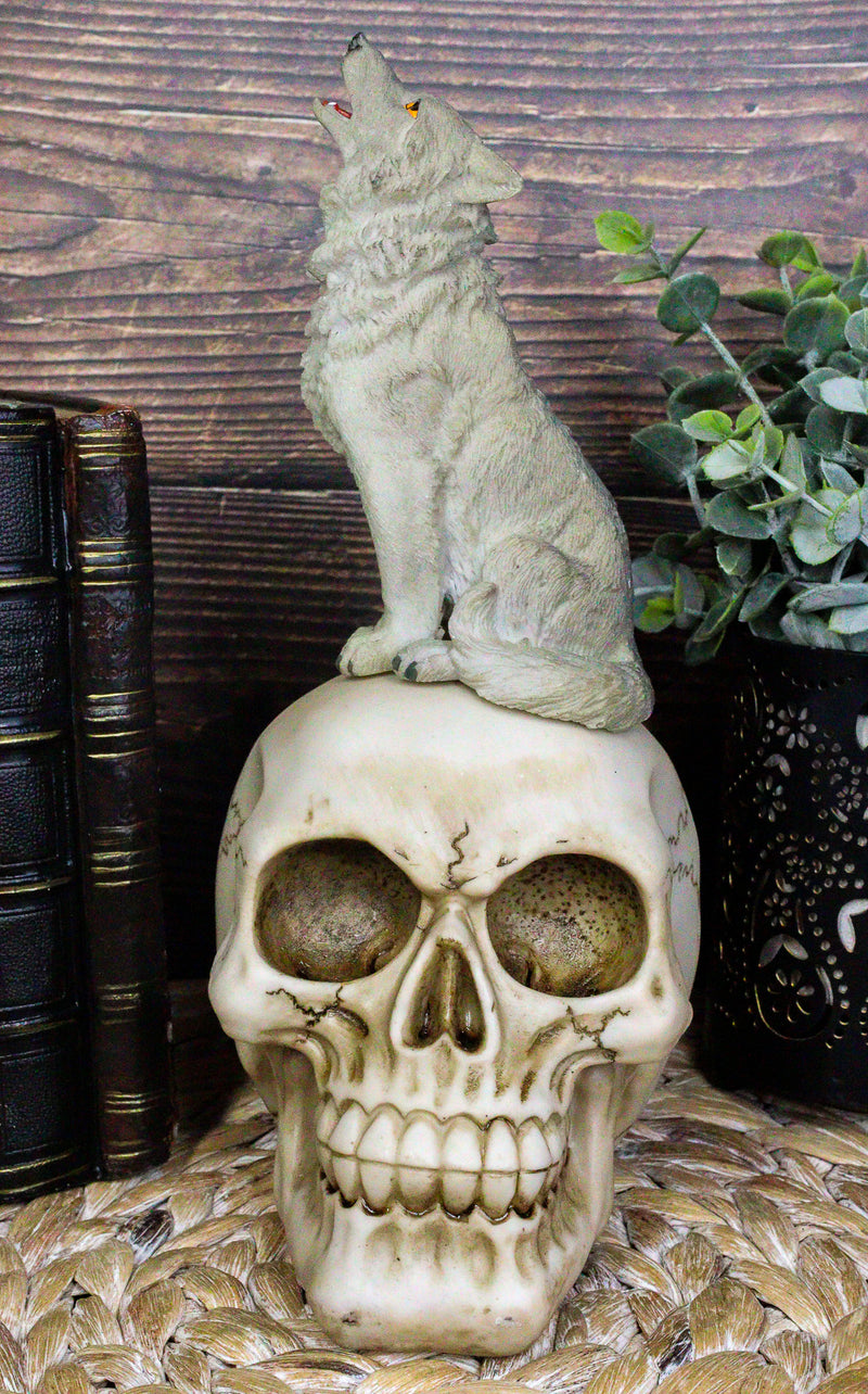 Gothic Full Moon Howling Gray Wolf Sitting On Graveyard Macabre Skull Figurine
