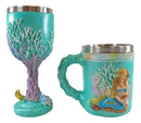 Ebros Nautical Turquoise Ocean Coral Reef Mermaid W/ Pearl Mug & Wine Goblet Set