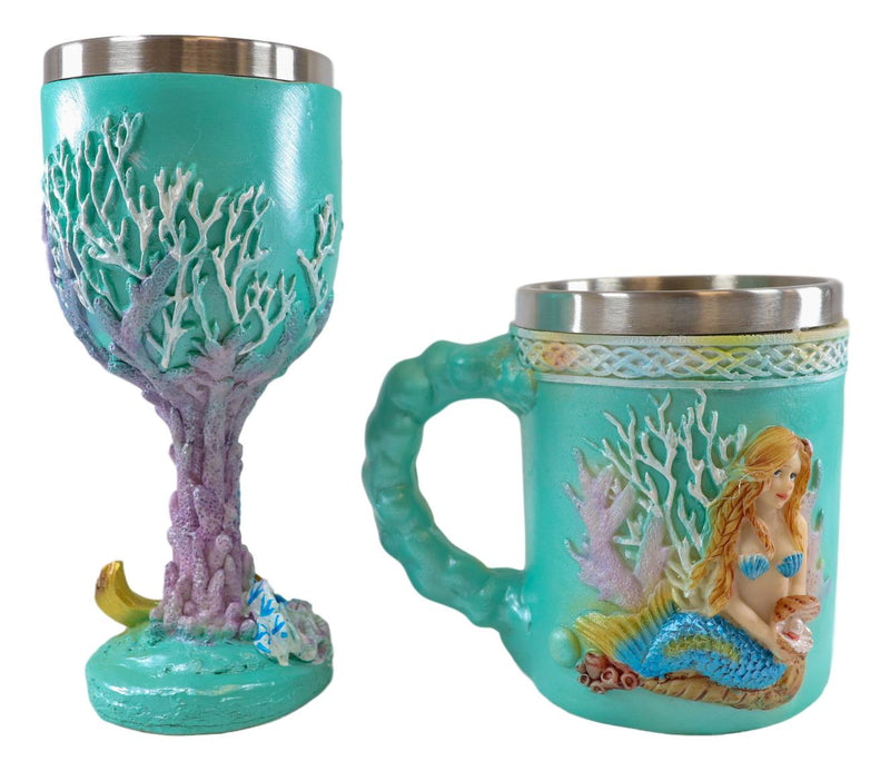Ebros Nautical Turquoise Ocean Coral Reef Mermaid W/ Pearl Mug & Wine Goblet Set