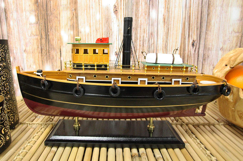 Ebros 18" Long Handicraft Tugboat Boat Model Statue with Wood Base Stand Figure - Ebros Gift