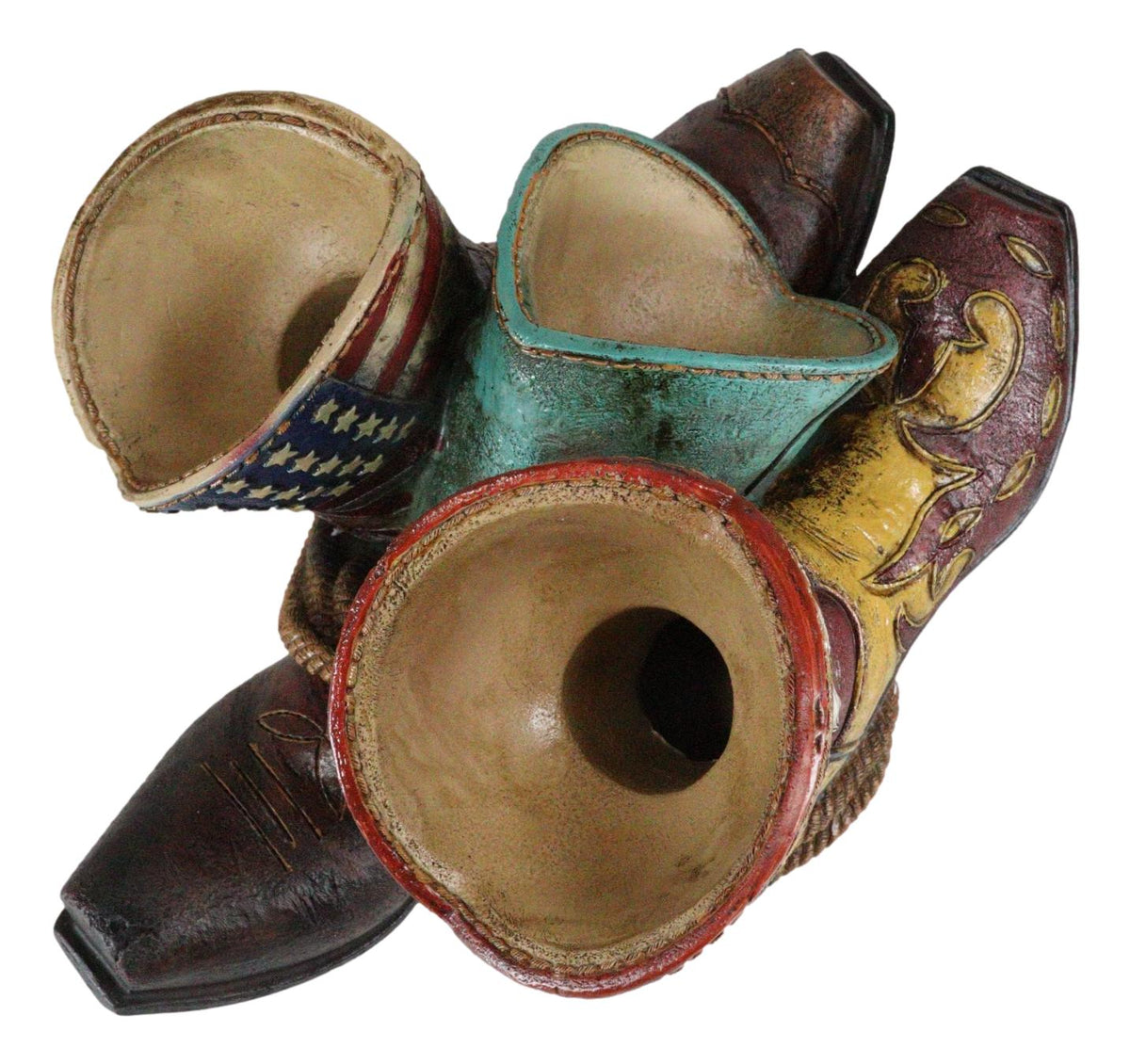 Western Patriotic American Flag Faux Tooled Leather Boots 3 Bottles Wine Holder