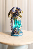 Purple And Gold Cosmic Dragon On Blue Crystal Stalactite Rock LED Light Statue