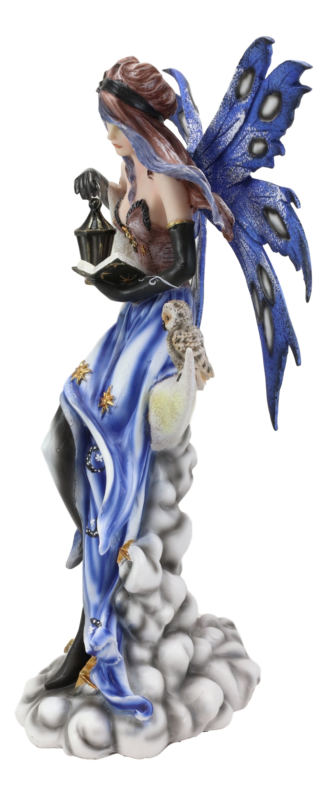 Fairy With Book Lantern And Owl On Crescent Moon Clouds and Stars Statue 14" H - Ebros Gift