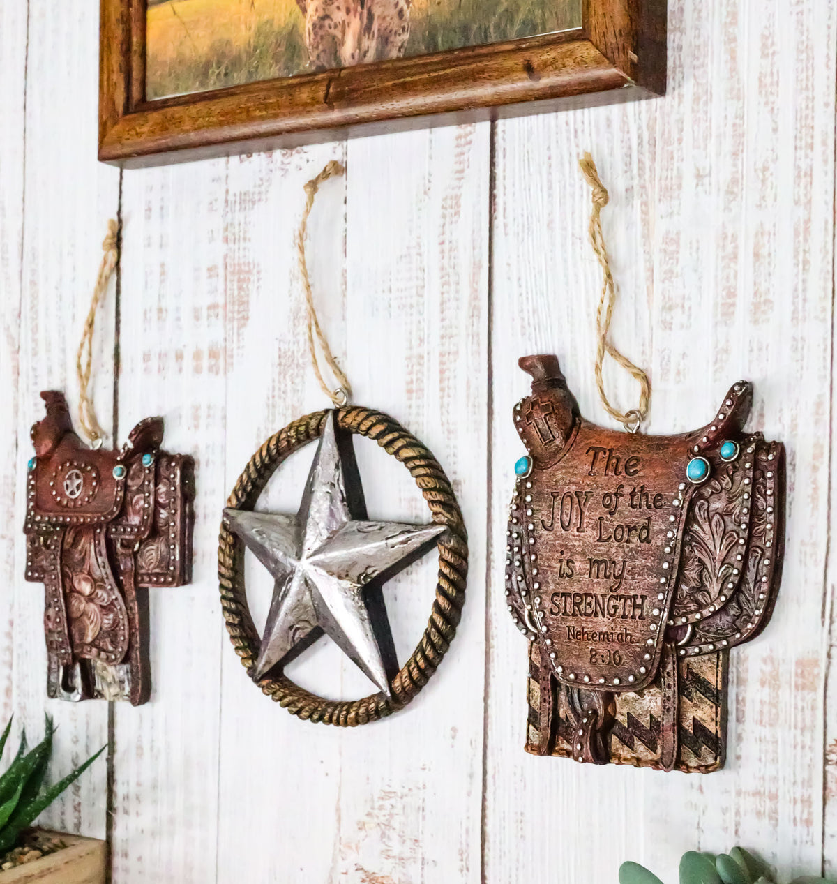 Set of 3 Rustic Western Star Ropes Circle Tooled Leather Horse Saddles Ornaments