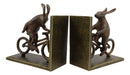 Ebros Gift Cast Iron And Aluminum Metal Whimsical Rabbit Bunnies On Bikes Bookends 7.25"Tall Set Of 2