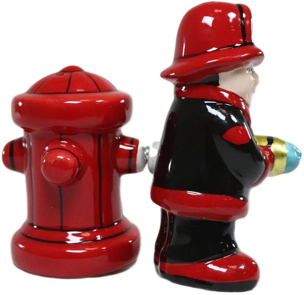 Ebros Fireman with Hose & Hydrant 4 Inch Ceramic Magnetic Salt and Pepper Shaker - Ebros Gift