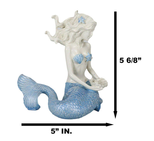 Nautical Ocean Goddess Pretty Mermaid With Blue Tail Holding Pearl Shell Statue