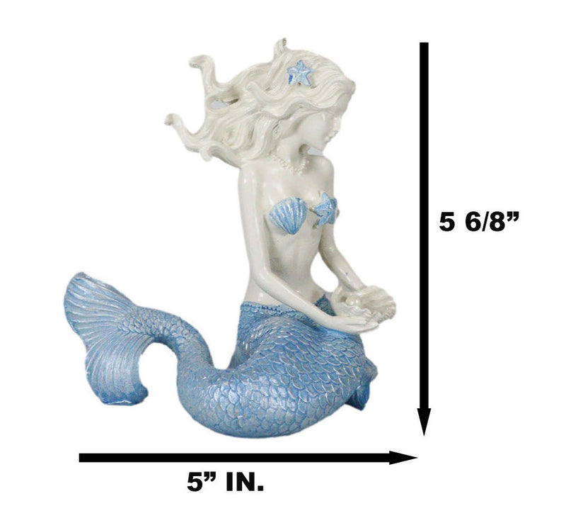 Nautical Ocean Goddess Pretty Mermaid With Blue Tail Holding Pearl Shell Statue
