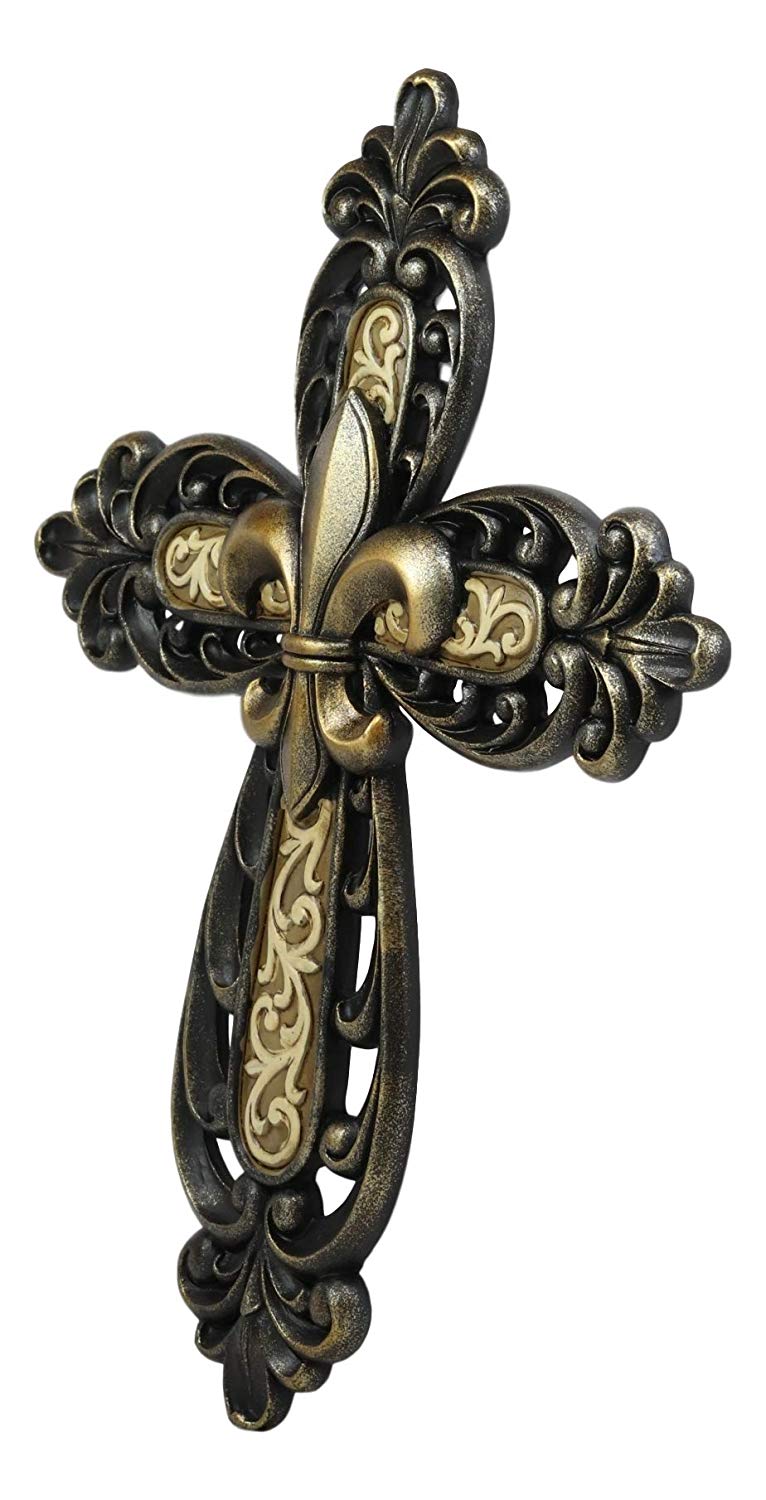 Ebros Gift Rustic Western Ornate Fleur De Lis Golden Tooled Wall Cross Decor Plaque Vintage Design Hanging Sculpture 12" High (Golden Fleur De Lis)