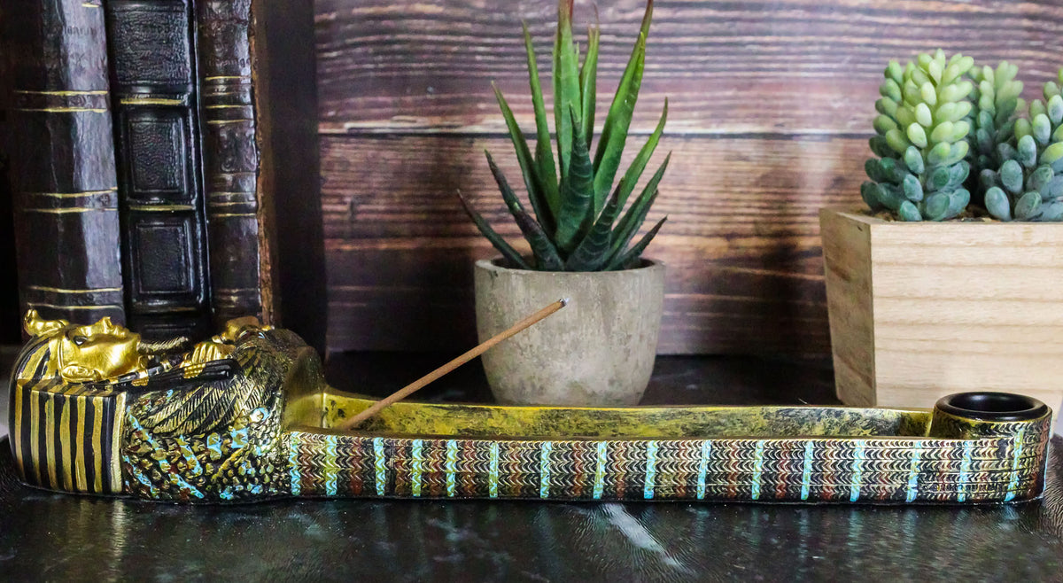 Egyptian King Tutankhamun Sarcophagus Mummy Stick Incense Candle Holder Figurine