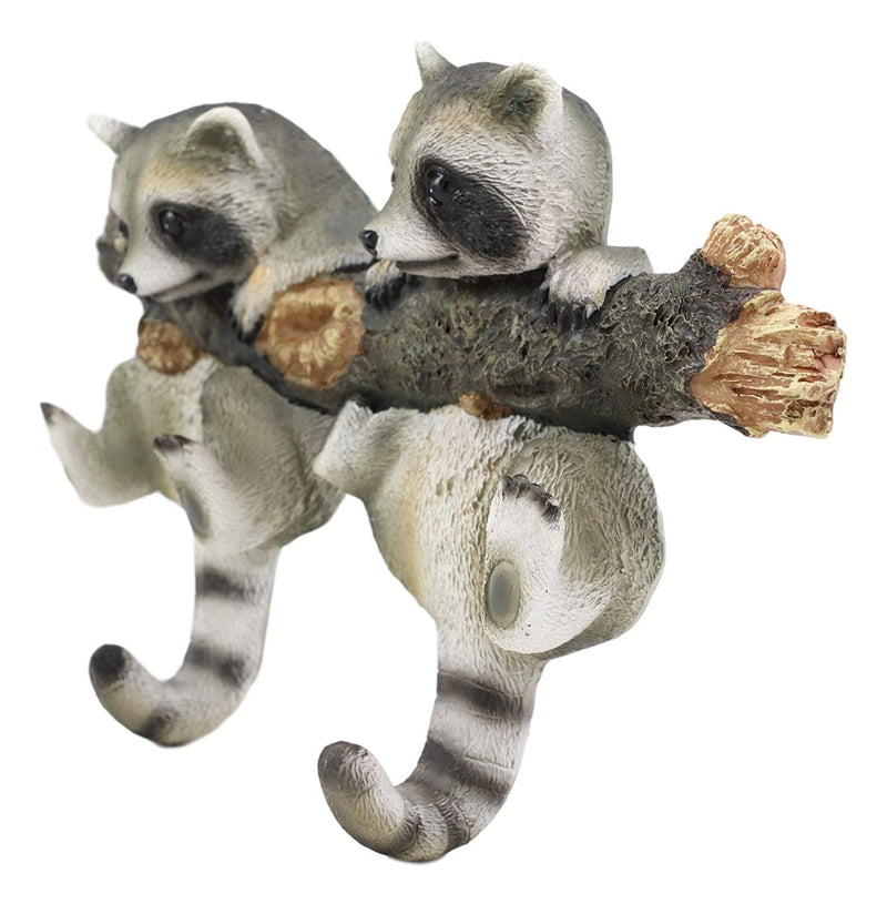 Forest Rustic 2 Playful Raccoons Dangling On Tree Branch 6 Pegs Wall Hook Decor