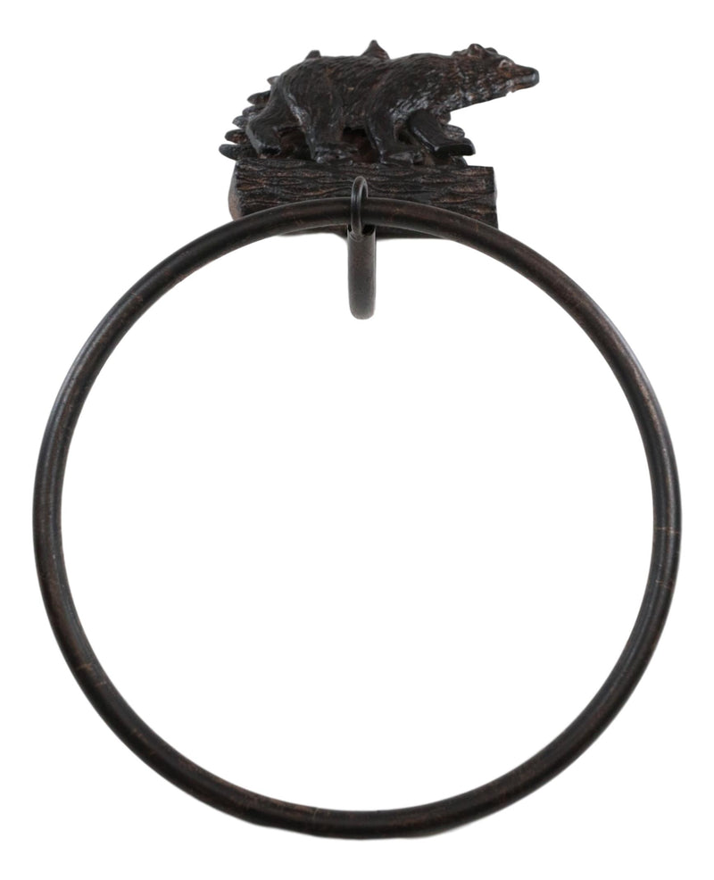 Cast Iron Rustic Cabin Bathroom Black Bear By Pine Trees Hand Towel Ring Holder