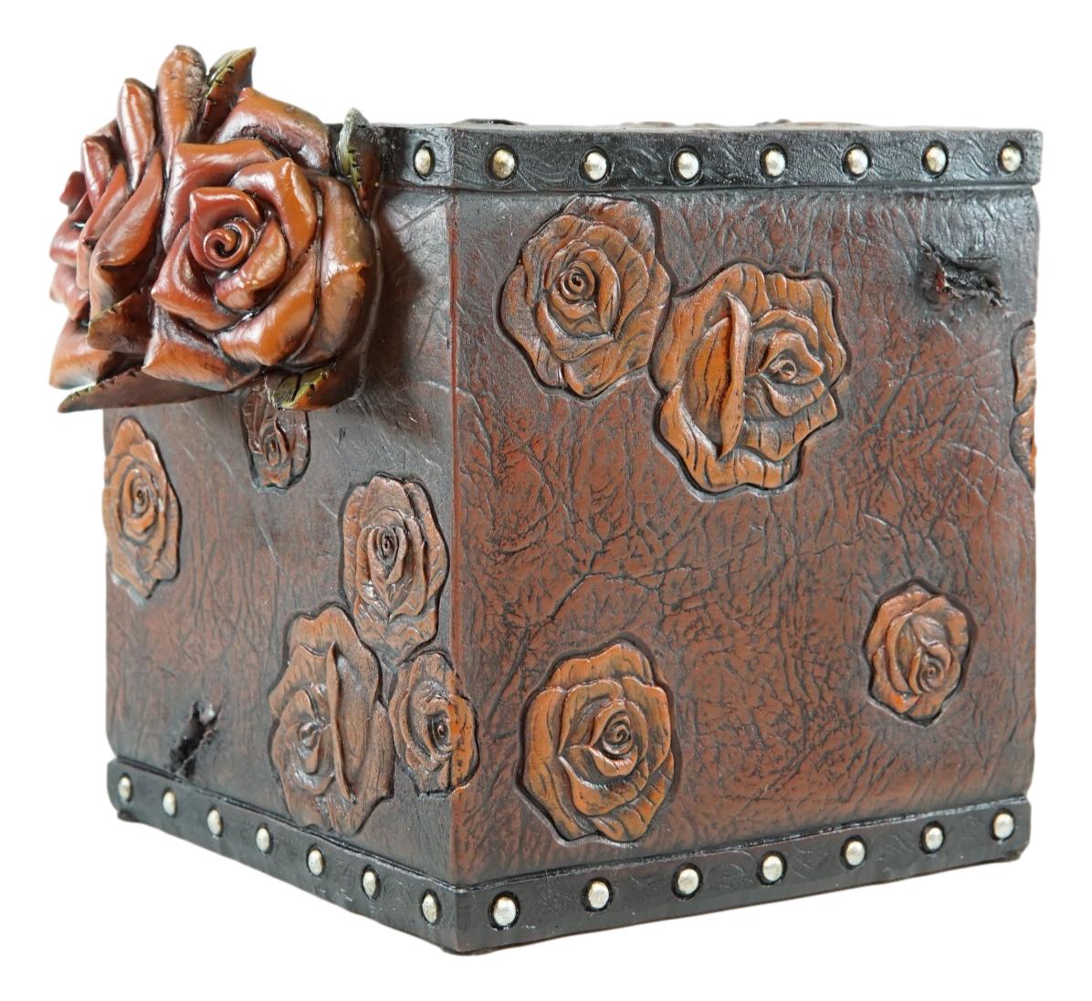 Rustic Vintage Blooming Floral Red Roses Faux Tooled Leather Tissue Box Cover