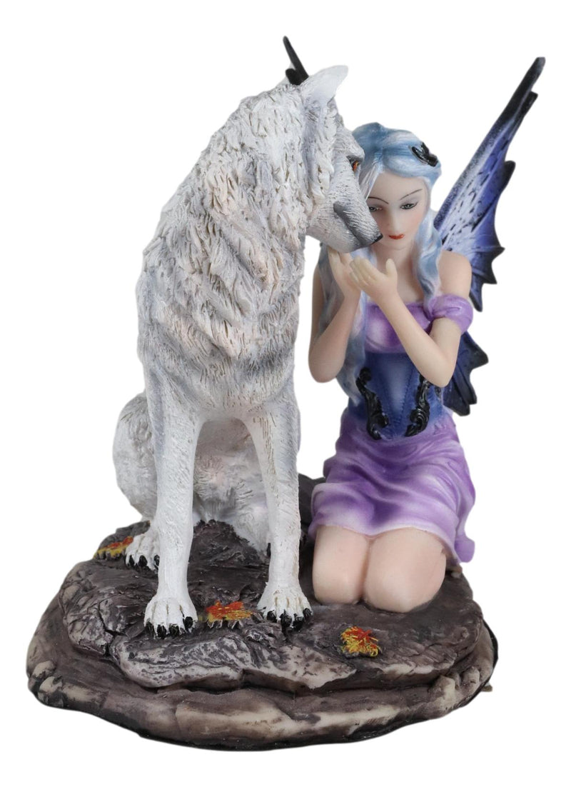 Ebros Fairy With Wolf 6.25"H Primrose Fairy Kneeling With Arctic Wolf Figurine