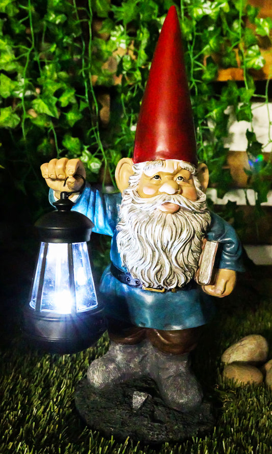 Ebros Whimsical Gnome Holding Book of Spells Solar LED Lantern Light Statue 17"H - Ebros Gift